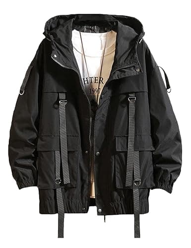 Nutriangee Mens Hip Hop Streetwear Windbreaker Jacket Lightweight Casual Outdoor Bomber with Ribbons Coat - Image 1