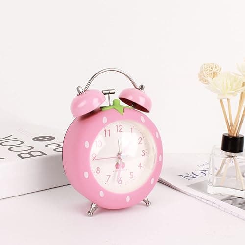 Danse Jupe 4 inches Twin Bell Alarm Clock Strawberry,Backlight,Battery Operated,Non Ticking,Analog Loud Alarm Clock for Bedroom,Bedside,Desk,Pink, One Size thumbnail 2