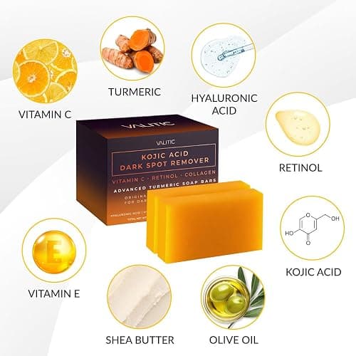 VALITIC Kojic Acid Dark Spot Remover Soap Bars with Vitamin C, Retinol, Collagen, Turmeric - Original Japanese Complex Infused with Hyaluronic Acid, Vitamin E, Shea Butter, Castile Olive Oil (2 Pack) thumbnail 6