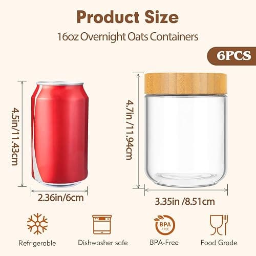 Moretoes 6 Pack Overnight Oats Containers with Lids, 16oz Glass Storage for Dry Food, Jars with Lids for Yogurt & Salad, Portable for Picnic & Lunch, Transparent Square Design for Kitchen Pantry Jars thumbnail 3