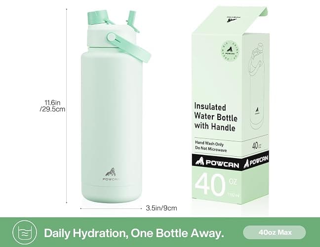 POWCAN 40 oz Insulated Water Bottle with 2-in-1 Straw and Spout Lid, Keep Cold 24H, Leak-Proof, BPA-Free, Double Wall Stainless Steel Water Bottle for Sports, Gym, Travel, and School (Mint) thumbnail 3