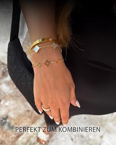 DIAMOND MODE Kleeblatt Armband Damen Gold – Schmuck 18K vergoldet, Clover Perlmutt, Chirurgenstahl 316L, wasserfest, verstellbar 16–20 cm – Geschenk thumbnail 7