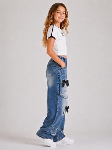 Azmxynol Tween Girl Clothes Short Sleeve Top + Butterfly Design Jeans 2 Pieces Spring Summer Outfit Set, Size 6-14 Years thumbnail 4