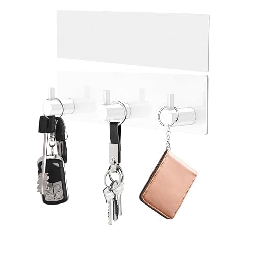 VIS'V Key Holder Wall Mount, Small Self Adhesive Key Hanger Metal Stick on Key Rack Compact Key Rail with 3 Key Hooks for Entryway Doorway Hallway 2 Adhesive Strips White - White - Image 1
