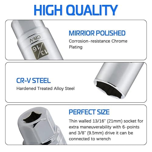 13/16-inch Magnetic Spark Plug Socket 3/8-inch Drive 6-Point Powerful Magnet Retains Spark Plugs Chrome Vanadium Steel thumbnail 2