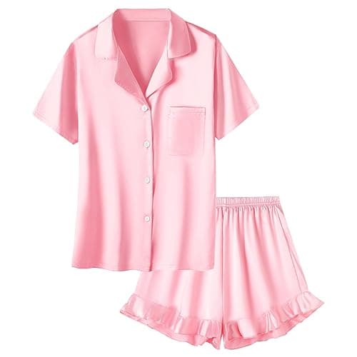 Umeyda Girls & Women Satin Pajamas Set Button Down 2 Piece Silk Pjs Shorts Set Ruffle Sleepwear, 5 Years-Women L - Bright Pink - 9-10 Years