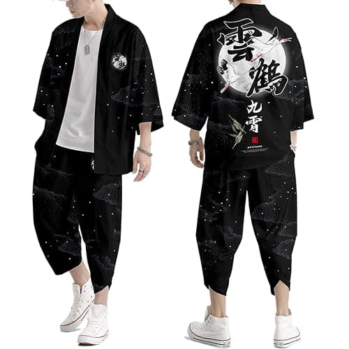 DOSLAVIDA Men's Japanese Kimono Cardigan Suit Chinese Style Printed Jacket Pants Set Open Front Seven Sleeve Top & Shorts thumbnail 4