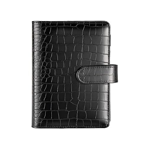 A5 6 Ring Binder Cover Crocodile - Large PU Leather Notebook Binder with Hidden Snap Buckle, Refillable Budget Planner, Black - Image 1