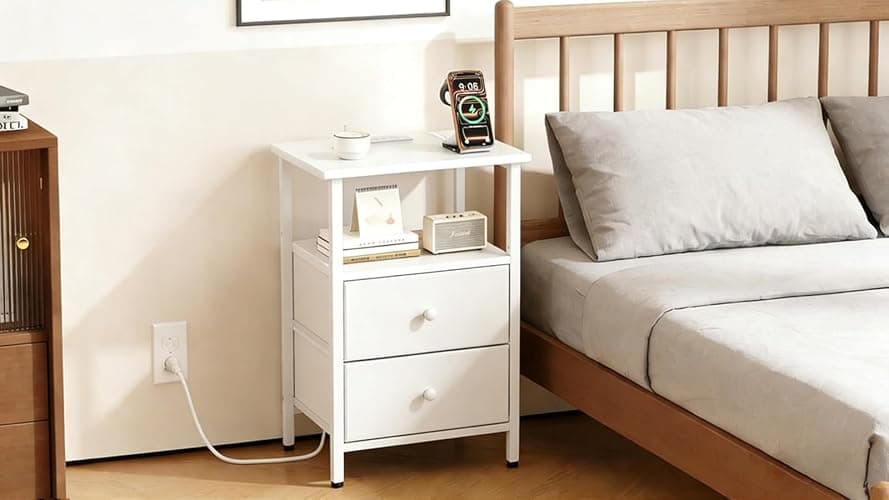 Smoproper Nightstand with Charging Station, Bedside End Table with 2 Fabric Drawers for Bedroom, Side Table with USB Ports and Outlets (White) thumbnail 7