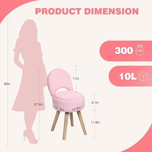 KANEODOT Vanity Stool with Storage & Folding Back,11.8“ D x 12.9” W x 27.9" H Round Faux Fur Cute Vanity Chair with 4 Solid Wood Legs,Comfy Small Makeup Ottoman for Living Room,Bedroom,Closet,Pink thumbnail 2