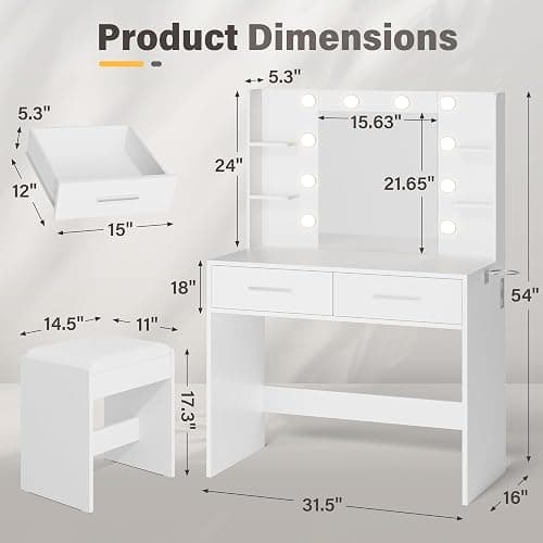 YESHOMY Vanity Desk with Mirror, Makeup Table with 2 Large Drawers, Power Outlet and Round Holder, 3 Color Modes Adjustable Bulb, Bench Included, Easy Assembly, Gloss White thumbnail 2
