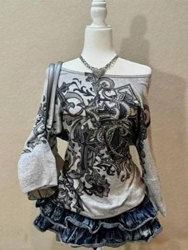 JOLILUNA Emo Grunge Long Sleeve Shirt for Women Y2k Goth Top 90s Vintage Graphic Tees 2000s Mcbling Clothes thumbnail 3