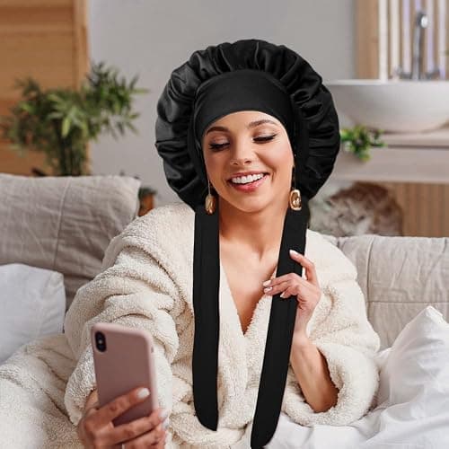 VECIIR Silk Bonnet for Sleeping Women, Ajustable Hair Bonnet for Curly Hair with Tie Band Shower Caps Black，Large thumbnail 7