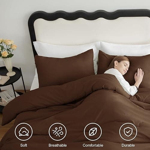CozyLux Queen Comforter Set Brown, 3 Pieces Solid Breathable Quilted Style Bedding Sets, Luxury Fluffy Soft Bed Set with Down Alternative Comforter for All Season (1 Comforter & 2 Pillowcases) thumbnail 5