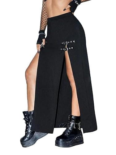MATSUMIZUYU Black Punk Gothic Rave Maxi Skirts with Double Buckle Split for Women Long Goth High Waist Club Party Slit Skirt thumbnail 2