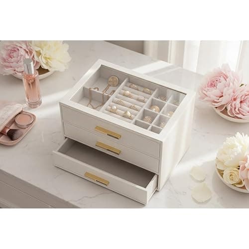 Vlando 3-Drawer Jewelry Box Organizer with Glass Lid, White | Faux Leather Jewelry Organizer for Rings Earrings Necklaces and More, Gift-Ready Jewelry Case for Women Girls or Moms thumbnail 2