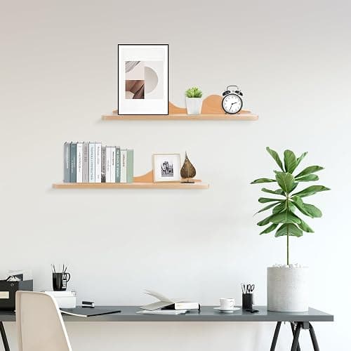 Wood Floating Shelves Wall Mounted Set of 2 for Wall Decor, Natural Wood Floating Shelves for Living Room/Bedroom/Kitchen Decor Storage (Natural) - Natural thumbnail 6