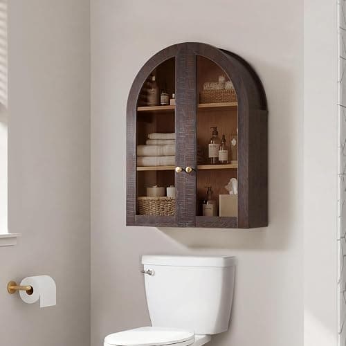 Bathroom Arched Wall Cabinet Over The Toilet Storage Cabinet, 23.5×31.4 Inch bathroom cabinet wall mount with Glass Doors & Adjustable Shelves, Wood Cabinet for Laundry Room, Bedroom Kitchen, Brown thumbnail 7