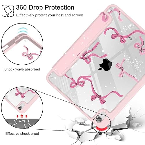 Tuiklol Case for iPad 11 inch (A16 Chip) 2025 Generation 11th / iPad 10.9 inch 2022 10th Gen, Buit in Pencil Holder with Shockproof Cover Clear Transparent Back Shell Auto Wake/Sleep, Bow-Pink thumbnail 6