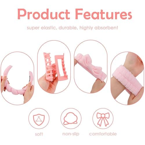 Canitor Spa Headband Wrist Bands Set with Hair Clips Skincare for Washing Face Skin Care Makeup Preppy Tween Teen Girl Gifts Cute Trendy Stuff Hair Accessories for Women (pink) thumbnail 5
