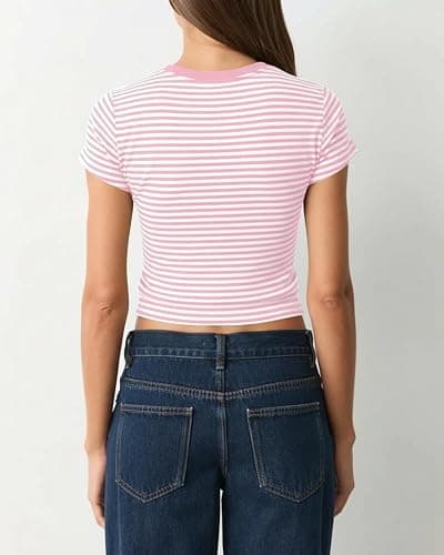 KIGRAD Women Preppy Cute Colorblock Striped Short Sleeve Cropped Tshirts Fitted Crewneck Crop Tee Tops Y2k Teen Clothes thumbnail 4