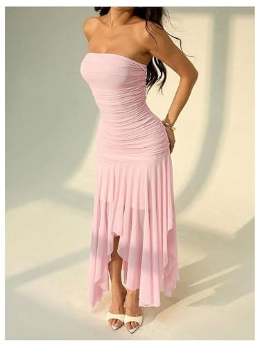 SOLY HUX Women's Sleeveless Strapless Irregular Ruffle Tube Dress Mesh Evening Night Party Long Dresses thumbnail 5