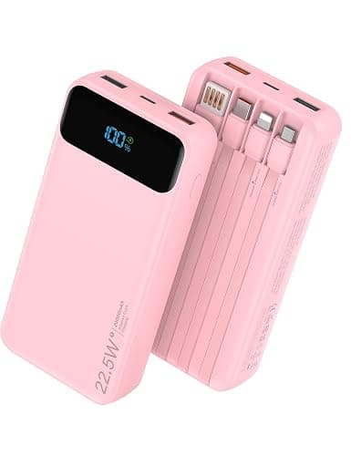 Nusyddy Portable Charger 20000mAh 22.5W w/4 Built-in Cables/6 Outputs Pink | High capacity, Fast Charge, LED Display, Pass Through Charging, Charge 6 Devices at once, TSA Approved, Fits iPhone, Samsung - Image 1