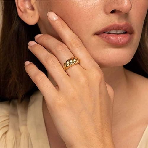 KOHOTA 6PCS Thick Dome Chunky Rings for Women 18K Gold Plated Braided Twisted Signet Ring Big Croissant Ring Minimalist Statement Ring Size 5-9 thumbnail 5