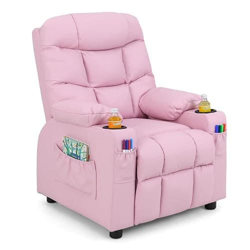 Costzon Kids Recliner Chair with Cup Holder, Adjustable Lounge Chair w/Footrest & Side Pockets for Children Boys Girls Room, Ergonomic Toddler Furniture Sofa, Kids Recliner (Pink) - Pink - 26” x 28” x 34” (L x W x H) - Image 1