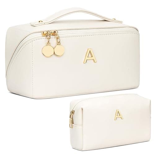 CLOUDWINGS Birthday Gifts for Women Teen Girl, Personalized Initial Makeup Organizer Bag Set, Open Flat Travel Cosmetic Bag With Clear Divider and Handle(Beige,A) - Image 1