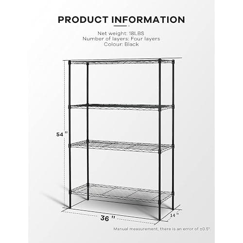 HCY 4-Tier Wire Shelving Unit Storage Shelves Shelf Organizer 54"x36"x14" Heavy Duty Metal Storage Rack NSF Height Adjustable for Laundry Bathroom Kitchen Garage Pantry Organization(Black) thumbnail 3