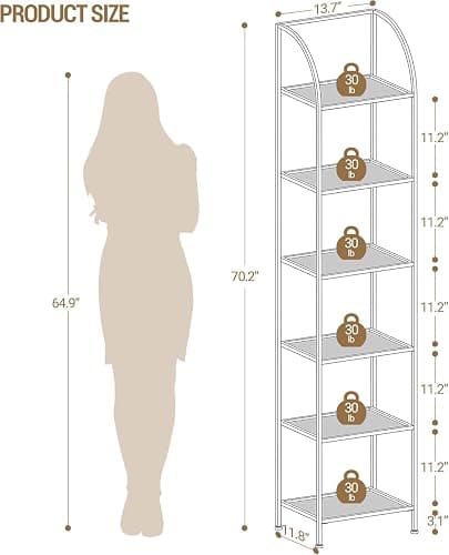 Hzuaneri Bookcase Bookshelf, Tempered Glass Arched Bookshelf for More Storage, Slim Shelving Unit for Bedroom, Bathroom, Home Office, Steel Frame, 6 Tier Gold BC20699G thumbnail 2