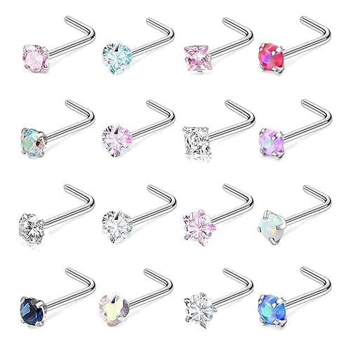 SEEDRILL Nose Rings Studs for Women 16Pcs 18g/20g Nose Studs Hypoallergenic 316L Surgical Steel Nose Piercings Jewelry 3mm CZ & Opal Nose Ring L Shape Nose Stud 20 Gauge Nose Screw Studs - Image 1