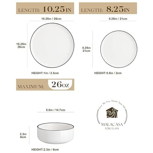 MALACASA Plates and Bowls Sets, 12 Pieces Modern Porcelain Dinnerware Set for 4 White Kitchen Dinner Dining Ware Set wtih Black Rim Ceramic Dishware Dishes Microwave and Dishwasher Safe, Series LUNA thumbnail 3