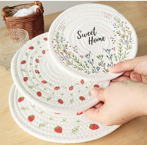 Aertai 3 Pieces Kitchen Pot Holders Set 100% Cotton Thread Weave, Trivet for Hot Pots and Pans, Hot Pads and Spoon Rest for Cooking and Baking by Diameter 7 Inches (Strawberry) thumbnail 5