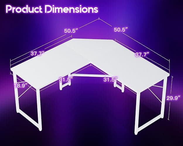 Casaottima 51 Inch L Shaped Gaming Desk, Compact Corner Computer Table, Stable Writing Workstation for Small Spaces, Home Office & Streaming Setup, Easy Assembly, Carbon Fiber Surface, White thumbnail 3