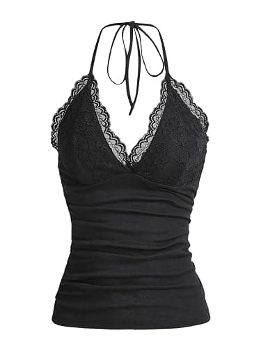 GORGLITTER Damen Y2K Top Mit Spitze Neckholder Top Spitzentop Trägertop | Spitzen Top Damen, Halter Neck Top, Camisole V Aussschnitt, Tops Y2k, Festival Outfits - Image 1