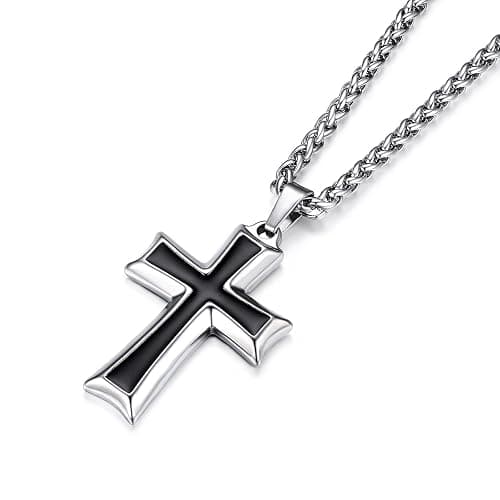 HZMAN Mens Stainless Steel Cross Pendant Necklace with Wheat Chain - Image 1
