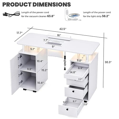 Oakvera Nail Tech Table with Dust Collector & LED Light, Rolling Manicure Desk with Storage Drawers & Cabinets, Lockable Wheels, Acetone-Resistant Beauty Workstation for Salon, Home (White) thumbnail 2