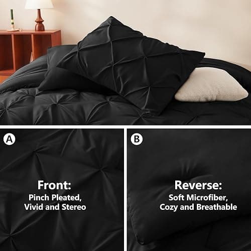CozyLux Twin Comforter Set with Sheets Black, 5 Pieces Pintuck Bed in A Bag, Twin Bed Set Gift for Family, Pinch Pleat Bedding Set with Comforter, Sheets, Pillowcase & Sham thumbnail 3