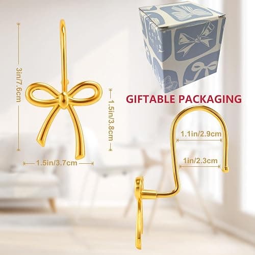 YanKiTour Gold Bow Shower Curtain Hooks, 12 Pack Metal Decorative Rings, Rust Proof Bow Knot Design for Bathroom Bedroom Living Room Baby Room Nursery Art Decor (Gold 5) thumbnail 3