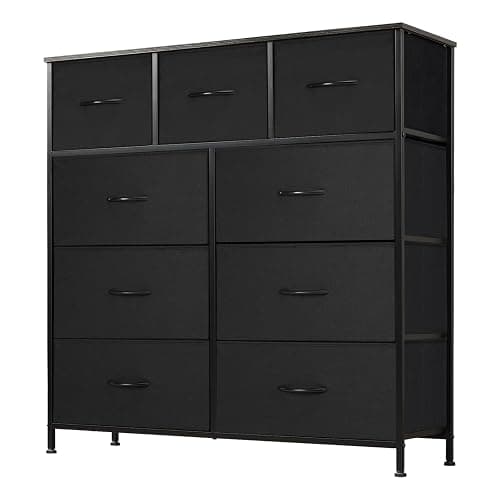 DUMOS Dresser for Bedroom, Storage Organizer with 9 Drawers, Chest of Drawers with Fabric Bins, Sturdy Metal Frame, Wood Tabletop for Guest Room, Closet, Entryway, Black - Image 1