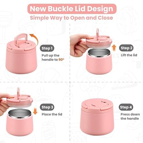 14oz Insulated Vacuum Food Jar with Buckle Lid,Soup Thermo for Hot Food Kids,Wide Mouth Leakproof Stainless Steel Lunch Container with Spoon-Pink thumbnail 5