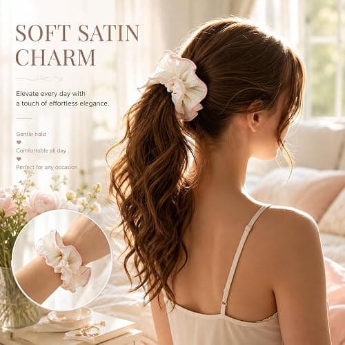 4-Pack Oversized Puffy Hair Scrunchies, Double Layer Satin Ruffle Hair Tie | Lightweight sheer fabric and wide ruffles add soft volume to ponytails, buns and half-up hairstyles without bulky clips. thumbnail 5