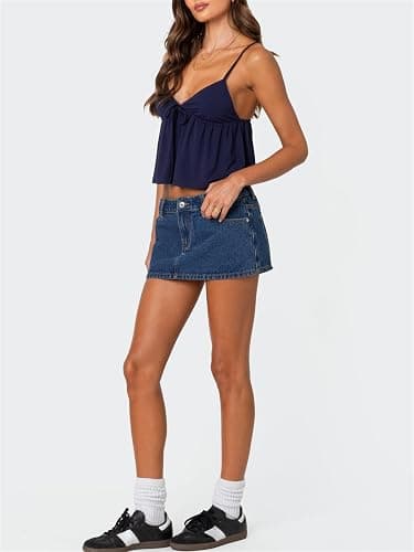 Women Y2k Flowy Ruffle Hem Cami Tank Top Casual Solid Color Deep V Neck Sleeveless Peplum Camisole Summer Beachwear thumbnail 6
