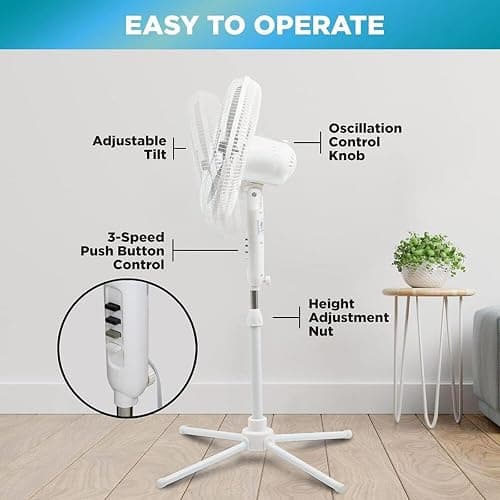 EZ-CHILL 16” Oscillating Pedestal Fan, 3-speed Options, 90-Degree Oscillating Head, Adjustable Height and Tilt, Powerful Air Flow, White, MTSP15-16AZ thumbnail 4