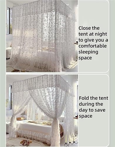 VHBVDFC Lace Three-Door Bed Curtains, Extended Floor-Length Bed Canopy, Mosquito Net with Metal Brackets, Four-Corner Bed Covers(White,Large) thumbnail 4