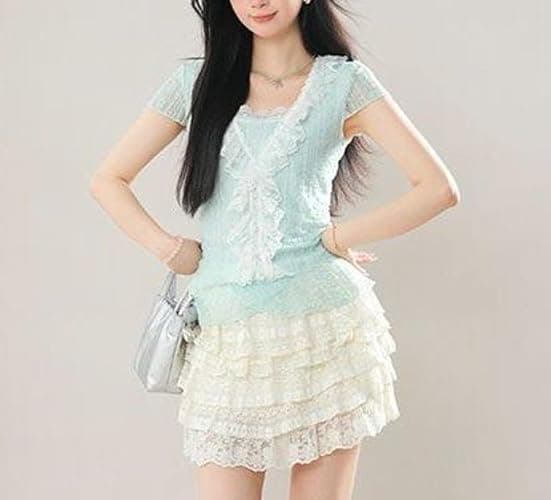 Wayolyn Vintage Sexy Women’s Slim Fit Crop Tank Top with Lace Trim Cutecore Kawaii Clothes Blue Shoujo Clothes thumbnail 3