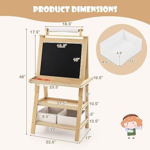 HONEY JOY Art Easel for Kids, 3-in-1 Double-Sided Wooden Toddler Easel w/Magnetic White Board & Chalkboard, Paper Roll, 2 Storage Bins, Painting Dry Erase, Kids Easel for Boys Girls Aged 3+ (Natural) thumbnail 3