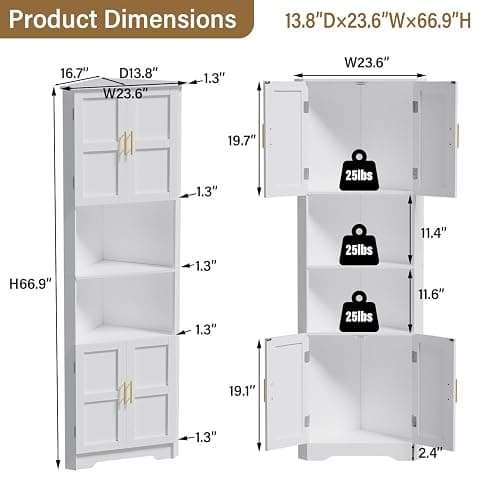 67'' Tall Corner Cabinet with Storage Shelves and 4 Doors, Modern Storage Cabinet with Barn Door Design, Home Space Saver for Living Room, Kitchen, Bathroom, Laundry Room, White thumbnail 2